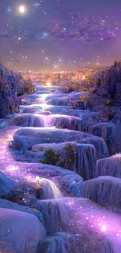 Mystical purple waterfall landscape with glowing river and serene atmosphere.