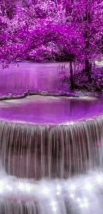 Vibrant purple waterfall with serene water flow and lush surroundings.