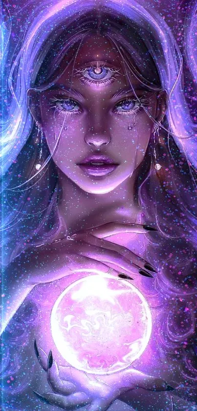 Mystical purple witch holding a glowing orb, art wallpaper.