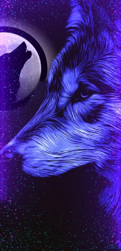 Mystical purple wolf art with cosmic background.