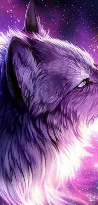 Purple wolf against a starry, cosmic background with bright glowing accents.