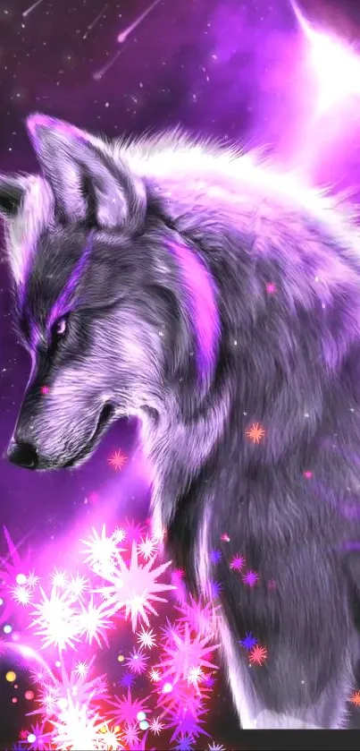 Mystical purple wolf against cosmic background with stars in mobile wallpaper.