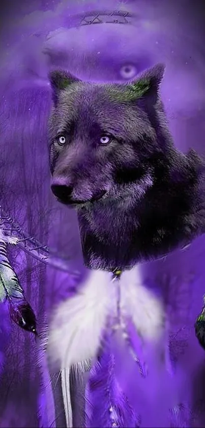 Mystical purple wolf with feathers in a dreamy forest setting.