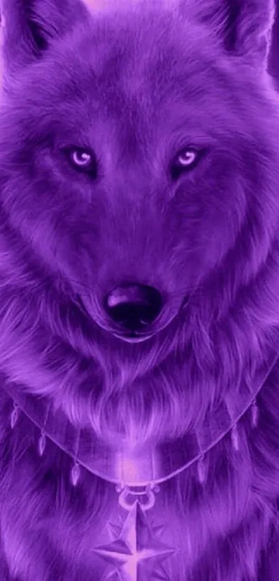 Mystical purple wolf with glowing eyes and a star pendant.