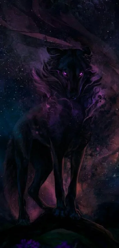 Mystical purple wolf in a cosmic background, perfect for wallpaper.