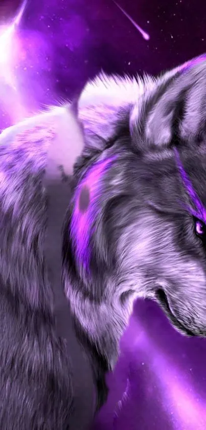 Mystical purple wolf with cosmic background.