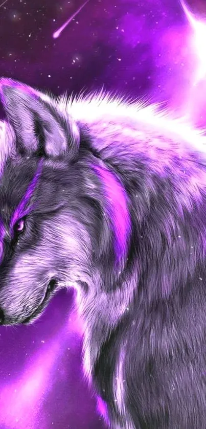 Purple wolf with cosmic background, vibrant and mystical.