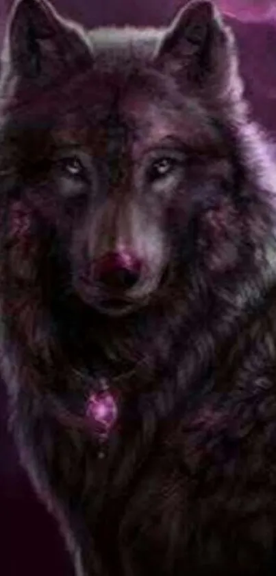 Mystical purple wolf with glowing eyes under a stormy sky.