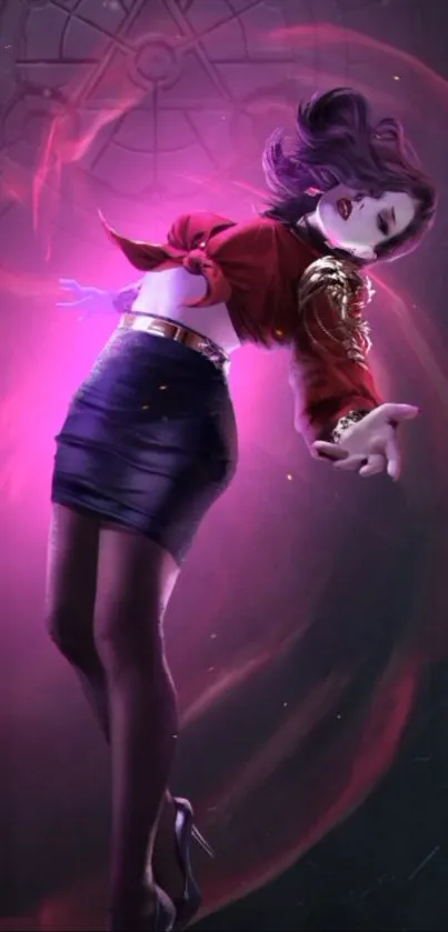 A mystical woman surrounded by a purple aura in a digital fantasy setting.