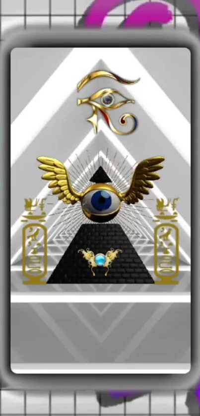 A mystical pyramid art with an eye and golden wings on a geometric grid background.