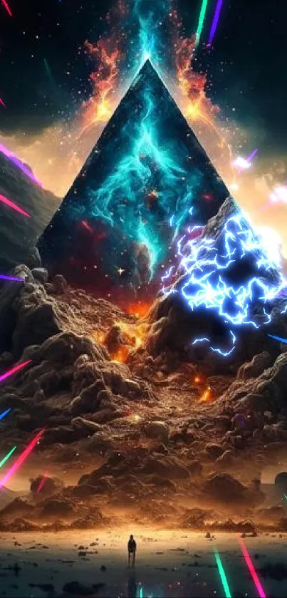 Mystical pyramid with cosmic clouds and fiery colors in fantasy wallpaper.