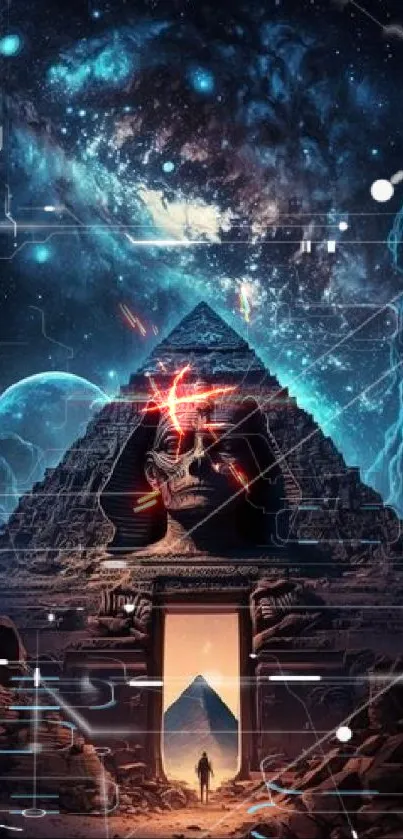 Mystical pyramid with cosmic galaxy backdrop on mobile wallpaper.