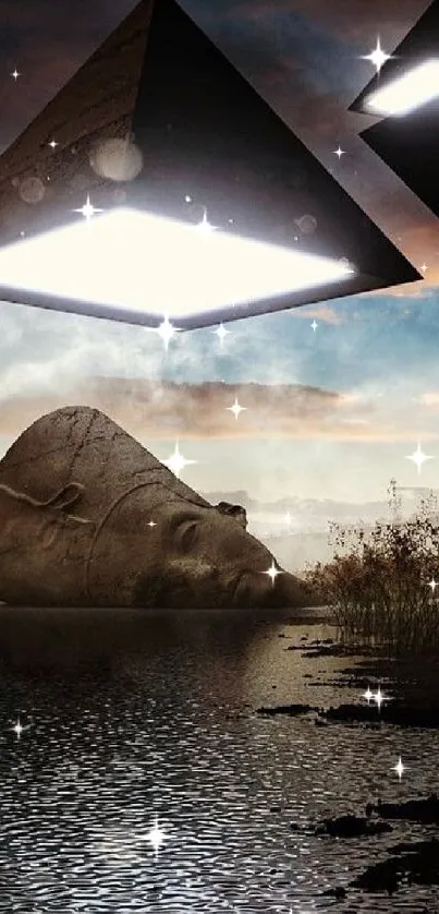 Mystical floating pyramids over water under a dramatic sky in landscape wallpaper.