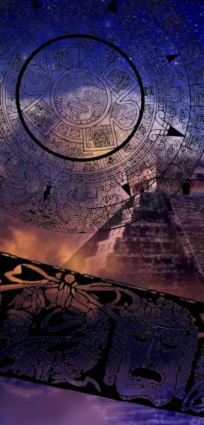 Ancient pyramid under a cosmic starry sky reflected in water.