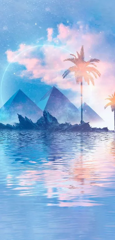 Mystical pyramids with palm trees and serene water reflection.