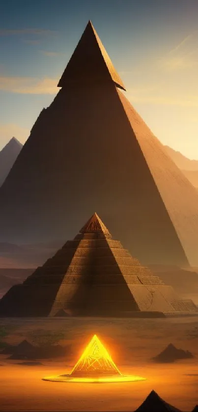 A mystical scene of pyramids at sunset, glowing with warm orange hues.