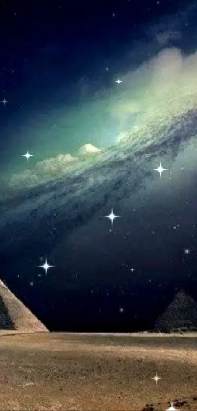 Mobile wallpaper of pyramids with a galaxy in a dark sky.