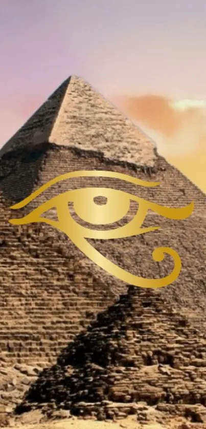 Pyramids with golden eye symbol and sunset backdrop.