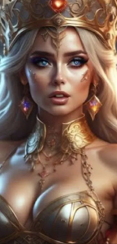 Fantasy queen with a golden crown in enchanting lighting.