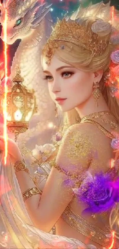 Mystical queen with dragon in golden attire on phone wallpaper.