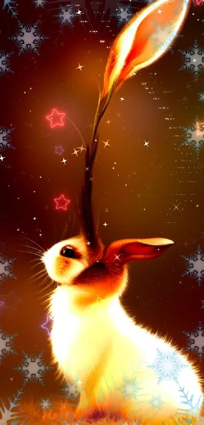 Fantasy rabbit with glowing ears and snowflakes, in ethereal art style.