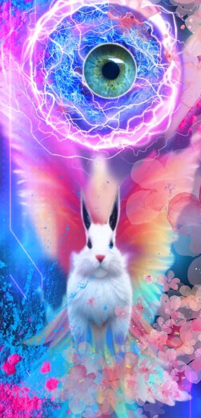 Mystical rabbit with wings in cosmic fantasy setting.