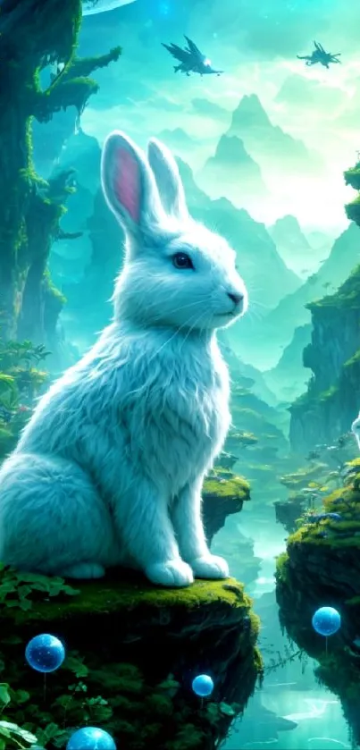 Mystical rabbit sits peacefully in a lush fantasy forest with vibrant teal tones.