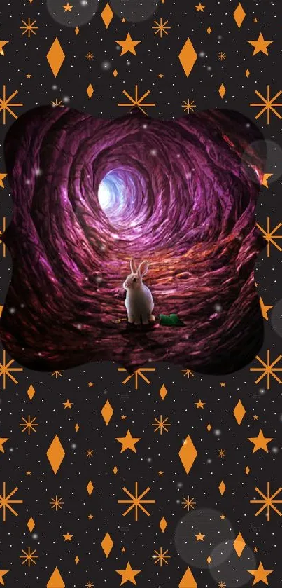 Rabbit in a mystical purple tunnel surrounded by starry patterns.