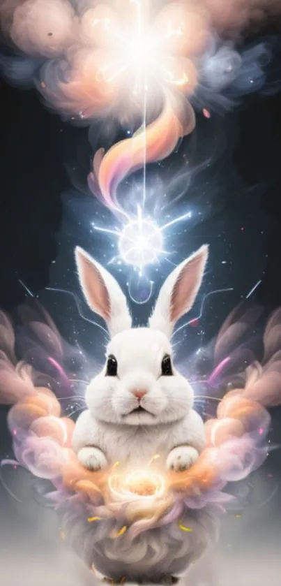 Mystical rabbit with cosmic and pastel elements in a tranquil wallpaper design.