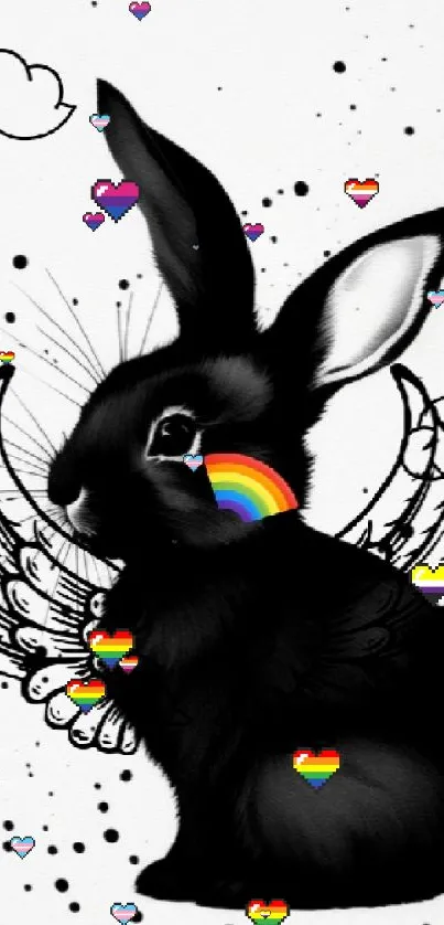 Black rabbit with wings and a rainbow cheek design.