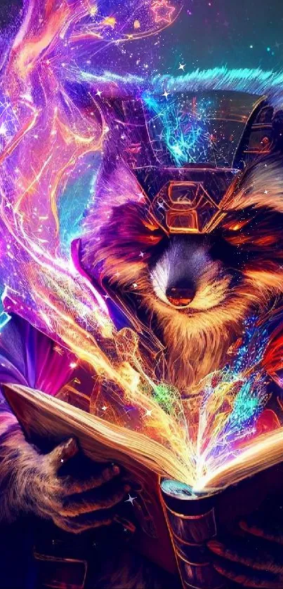 A raccoon wizard reading a glowing magical book.