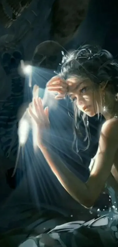 Fantasy wallpaper showcasing a mystical figure illuminated by ethereal light.