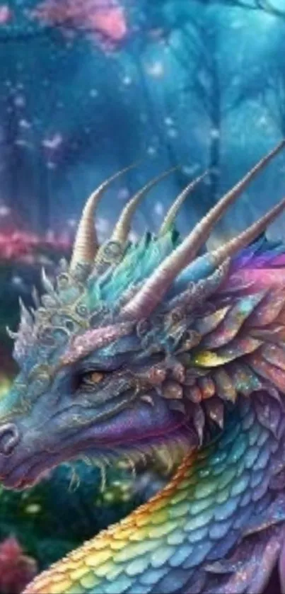 Colorful dragon in a fantasy forest setting.