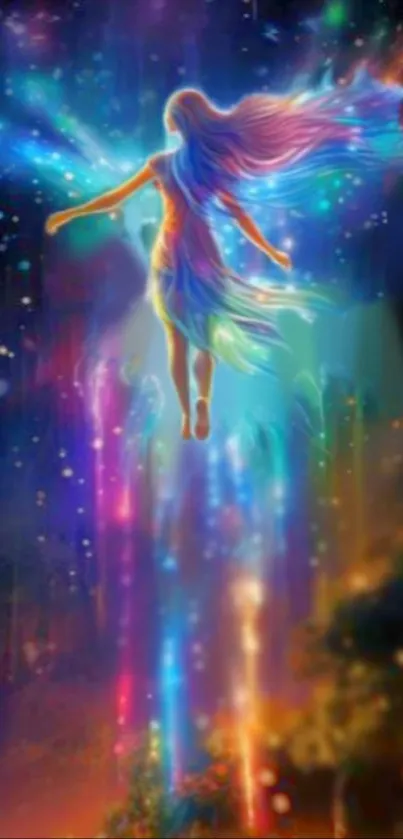 Magical rainbow fairy in a mystical, colorful dreamscape.