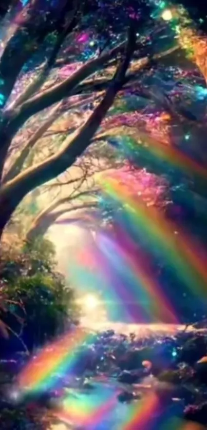 Magical forest with rainbows and colorful trees.
