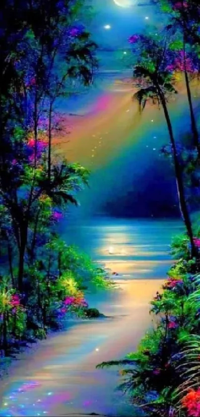 Vibrant nocturnal scene with rainbow colors and tropical plants.