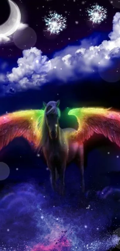 Rainbow Pegasus flying under a starry night sky.