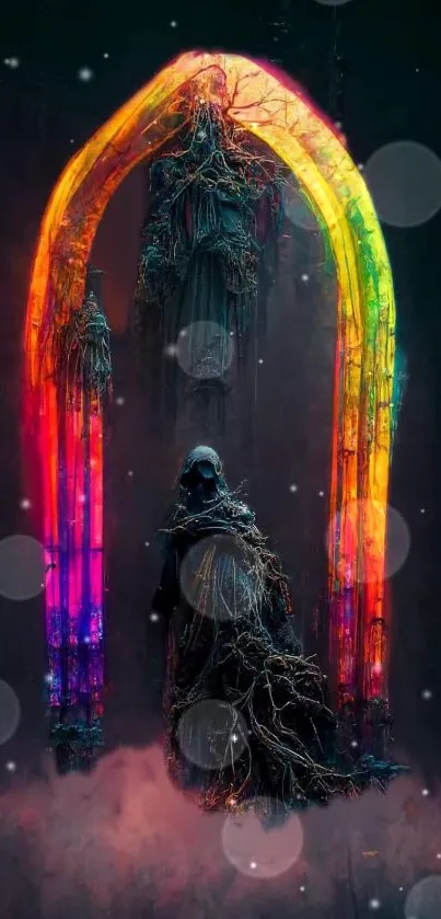 Mobile wallpaper of a mystical rainbow portal with a hooded figure.