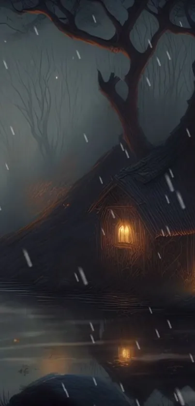 Mystical cabin in forest at night with rain and glowing lights.