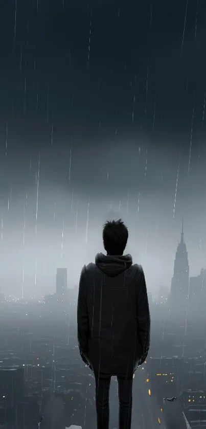 Person standing in rainy city landscape with dark cloudy skyline.