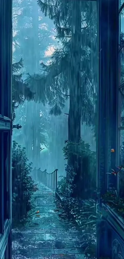 Misty forest pathway on a rainy day