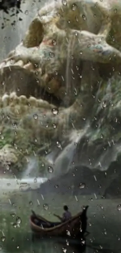 Rain-drenched boat in a mystical jungle with a giant stone skull.