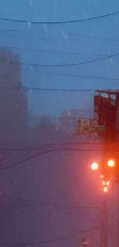 Rainy city street with glowing warm lights at night.