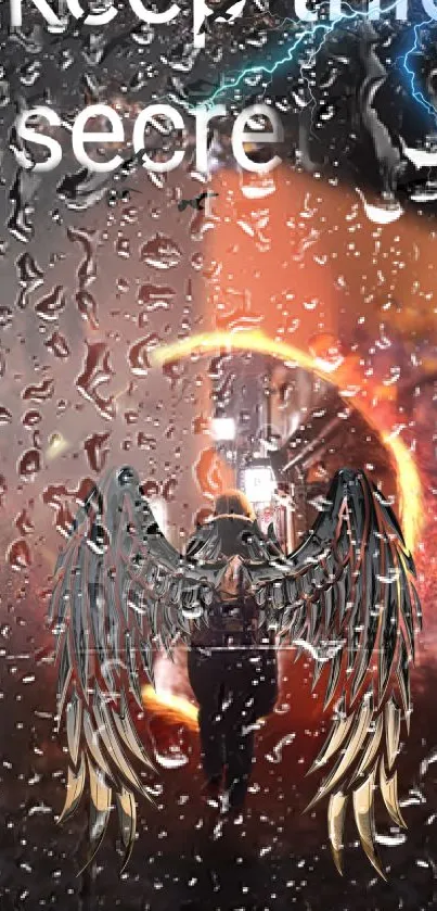 Mystical winged figure walking through a fiery portal on a rainy night.