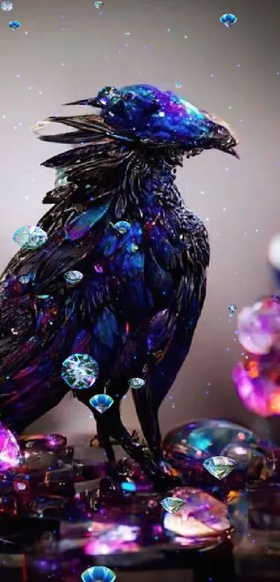 Mystical raven surrounded by purple gemstones.