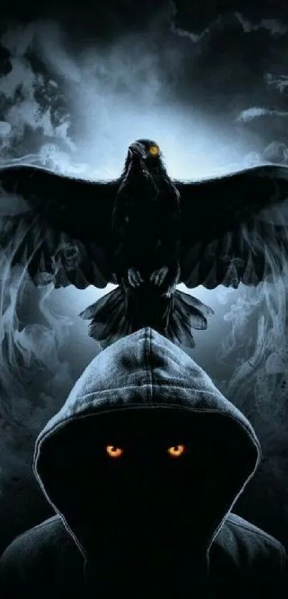 Mystical scene with hooded figure and raven on mobile wallpaper.