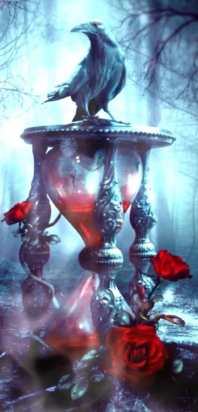 Raven perched on ornate hourglass surrounded by red roses in mystical forest.