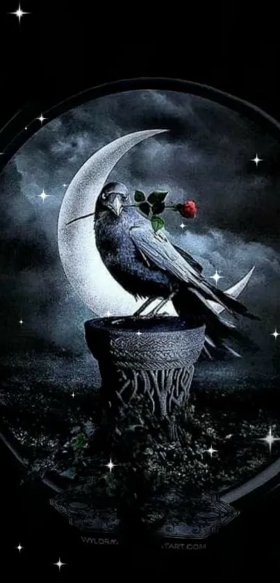 Raven and crescent moon with gothic design on a dark night sky background.