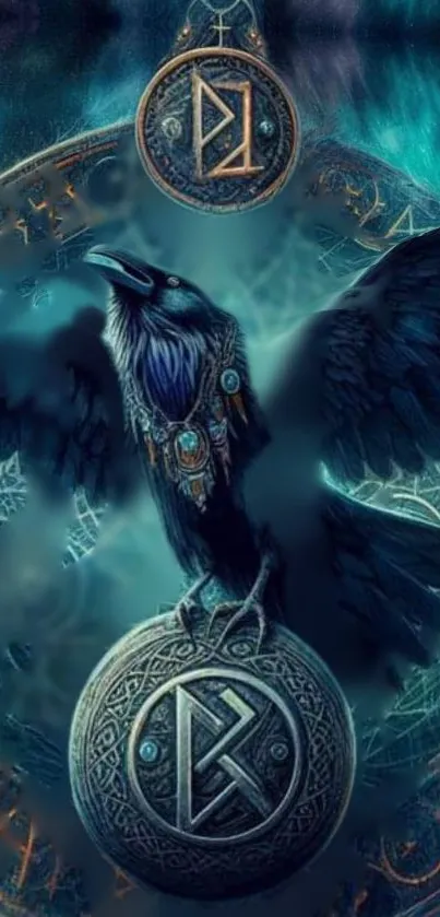 Raven with mystical runes in fantasy wallpaper.