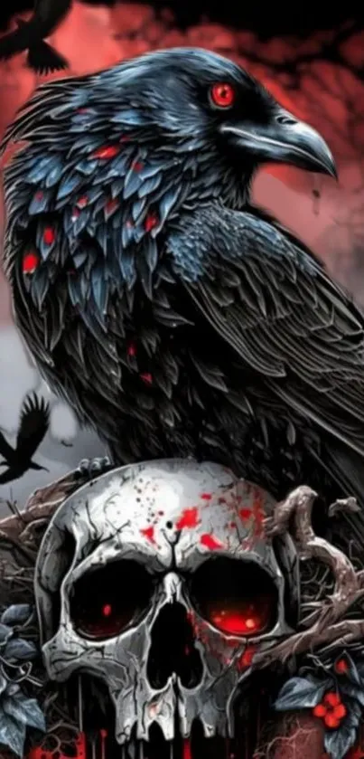 Dark Gothic raven and skull wallpaper art.